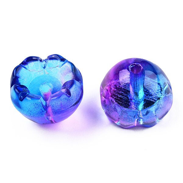 

PandaHall Transparent Spray Painted Glass Beads, Two Tone, Flower, Blue, 9x13x13mm, Hole: 1.6mm Glass Flower Blue