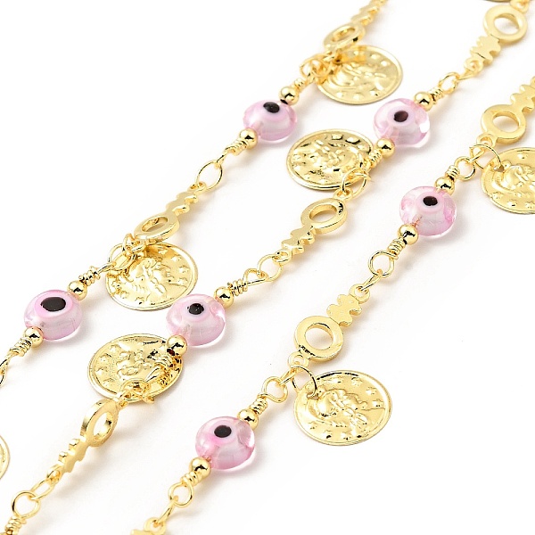 

PandaHall Glass Flat Round with Enamel Evil Eye Beaded Chains, with Real 18K Gold Plated Brass Coin Charms Chains Link Chain, Lead Free &...