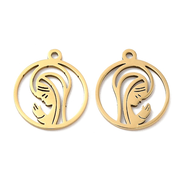 

PandaHall 201 Stainless Steel Pendants, Hollow, Flat Round with Woman Charm, Golden, 17.5x15x1mm, Hole: 1.4mm 201 Stainless Steel Flat Round