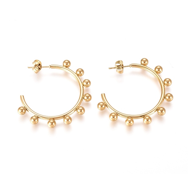 

PandaHall 304 Stainless Steel Stud Earrings, Half Hoop Earrings, Hypoallergenic Earrings, with Round Beads and Earring Backs, Golden...