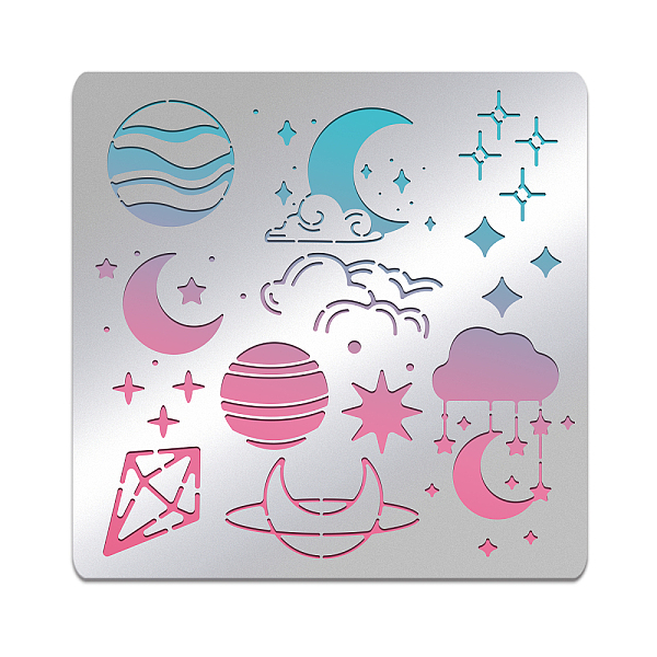 PandaHall BENECREAT Moon Pattern Stencil, 6x6inch Stainless Steel Clouds Stars Diamonds Template Tool for Wood Carving, Drawings and...
