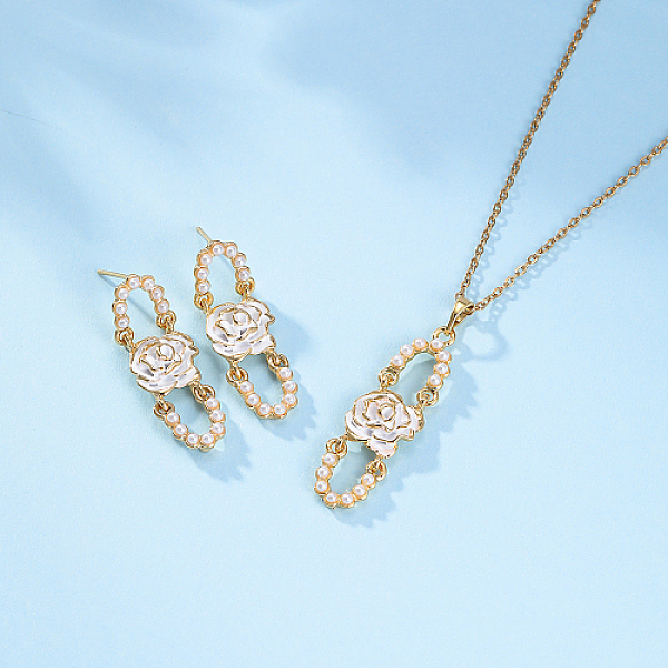 

PandaHall Plastic Beaded Oval with Flower Jewelry Set, Golden Alloy Dangle Stud Earrings & Pendant Necklace, White, Necklaces: 450mm...