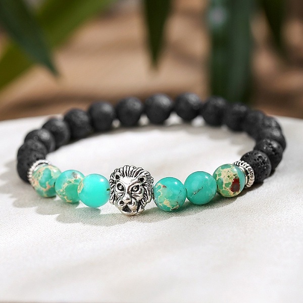 Bracelets extensibles en perles rondes de pierre de lave naturelle et de pierre shoushan