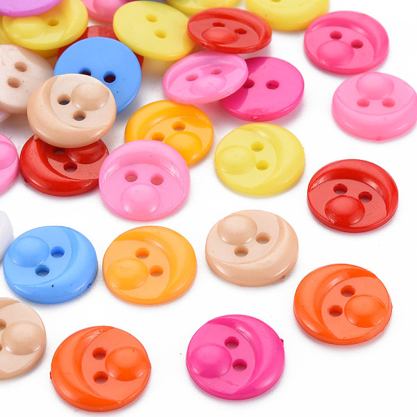 PandaHall 2-Hole Plastic Buttons, Head, Mixed Color, 15x3mm, Hole: 2mm Plastic Flat Round Multicolor