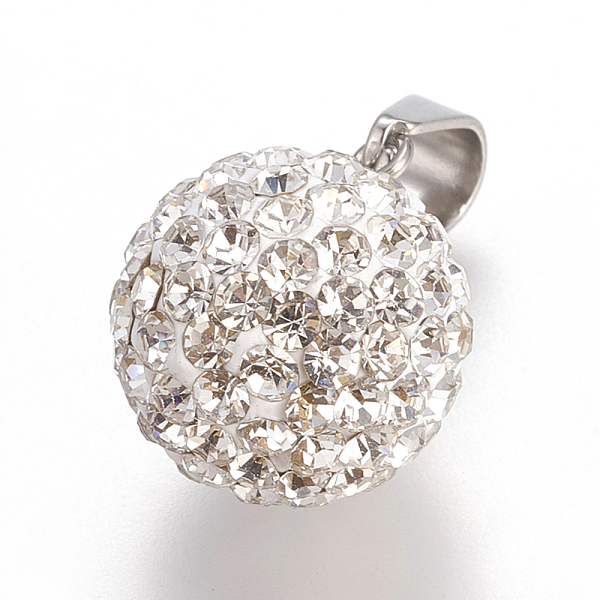 

PandaHall Trendy Jewelry Findings 201 Stainless Steel Round Disc Ball Pendants, with Polymer Clay Crystal Rhinestones, Stainless Steel Color..., White