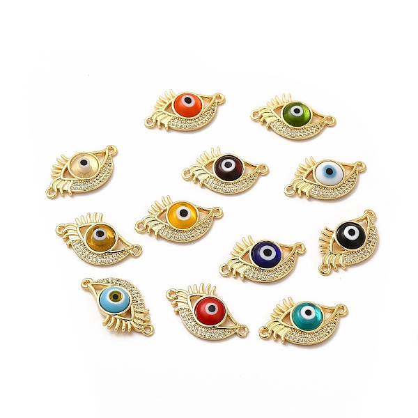 

PandaHall Rack Plating Real 18K Gold Plated Brass Micro Pave Clear Cubic Zirconia Connector Charms, Eye Links with Handmade Lampwork..., Multicolor