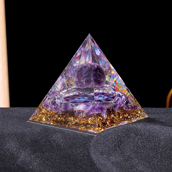 

PandaHall Resin Orgonite Pyramid Display Decorations, with Natural Amethyst, for Home Office Desk, 60mm Amethyst Pyramid