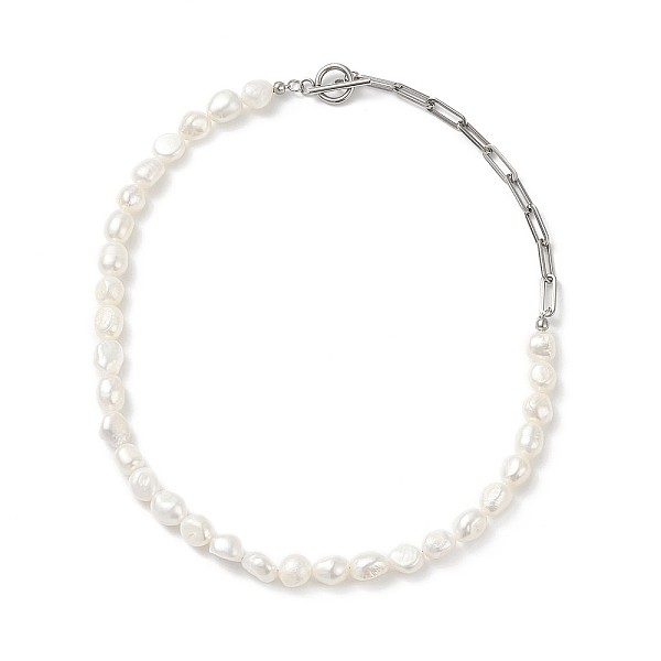 

PandaHall Natural Baroque Pearl Beaded Necklace with 304 Stainless Steel Paperclip Chains for Women, Stainless Steel Color, 17-5/8 inch..., White