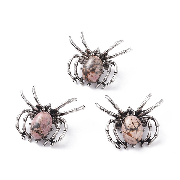 PandaHall Natural Rhodonite Brooch, with Brass Findings and Glass, Spider, Antique Silver, 34~35x41~42x7mm, Hole: 3x5mm Rhodonite