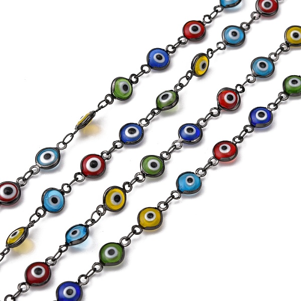 

PandaHall Handmade Flat Round Brass Lampwork Evil Eye Beaded Chains, Unwelded, with Spool, Gunmetal, 13x7x2mm, about 16.4 Feet(5m)/roll...