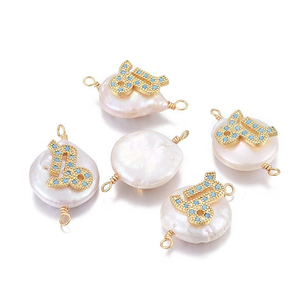 

PandaHall Natural Pearl Links connectors, with Brass Micro Pave Cubic Zirconia Findings, Flat Round with Constellation, Golden, Deep Sky..., Blue