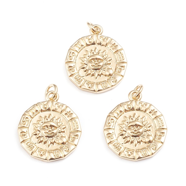 

PandaHall Brass Pendants, with Jump Rings, Long-Lasting Plated, Flat Round with 12 Constellation/Zodiac Sign & Sun, Real 18K Gold Plated...