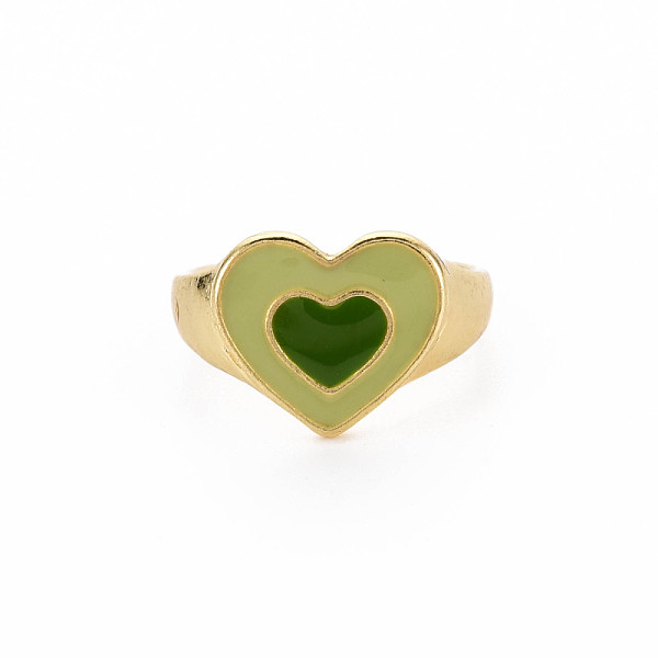 

PandaHall Rack Plating Light Gold Alloy Enamel Wide Band Rings, Cadmium Free & Lead Free, Heart, Dark Green, US Size 8 1/2(18.5mm) Alloy