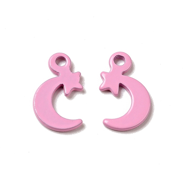 

PandaHall Spray Painted 201 Stainless Steel Charms, Moon with Star Charms, Pearl Pink, 12x7x1mm, Hole: 1.2mm 201 Stainless Steel Moon