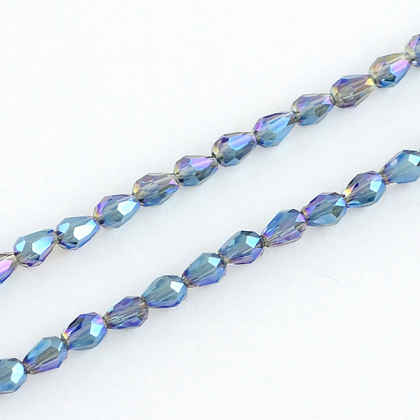 

PandaHall Electroplated Glass Bead Strands, Rainbow Plated, Faceted, teardrop, Royal Blue, 4~5x3~3.5mm, Hole: 1mm, about 100pcs/strand, 18.1...