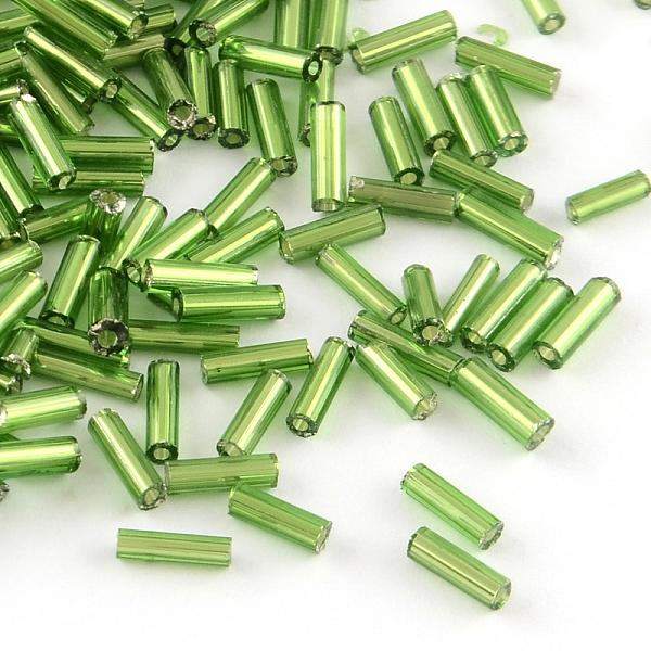 

PandaHall Glass Bugle Beads, Silver Lined, Green, 4~4.5x2mm, Hole: 1mm, about 450g/bag, 14000pcs/bag Glass Green
