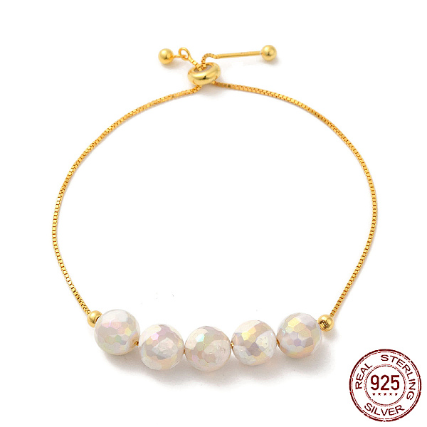 

PandaHall Real 18K Gold Plated 925 Sterling Silver Slider Bracelets, with Dyed Natural Agate Round Beaded, with S925 Stamp, Seashell Color...