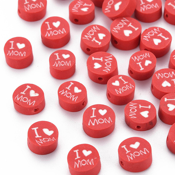 

PandaHall Handmade Polymer Clay Beads, Mother's Day Theme, Flat Round with Word I Love MOM, Red, 8~9.5x3.5~4.5mm, Hole: 1.5mm Polymer Clay...