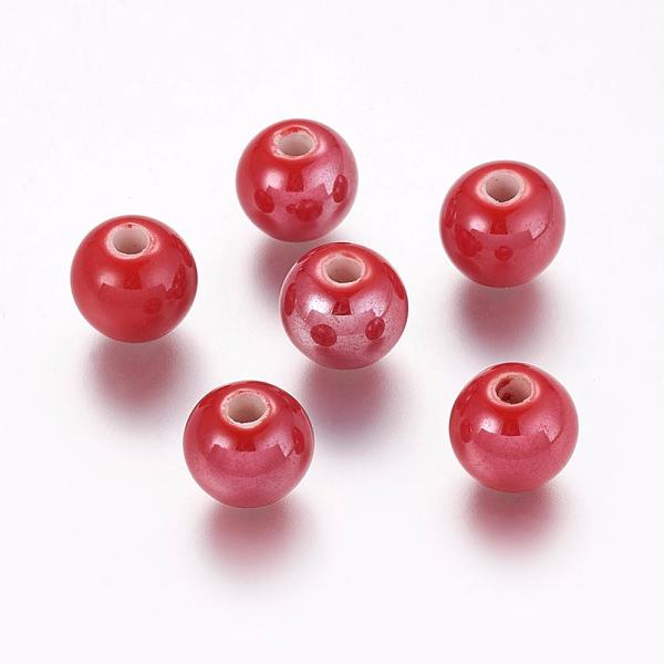 

PandaHall Pearlized Red Handmade Porcelain Round Beads, 10mm, Hole: 2~3mm Porcelain Round Red