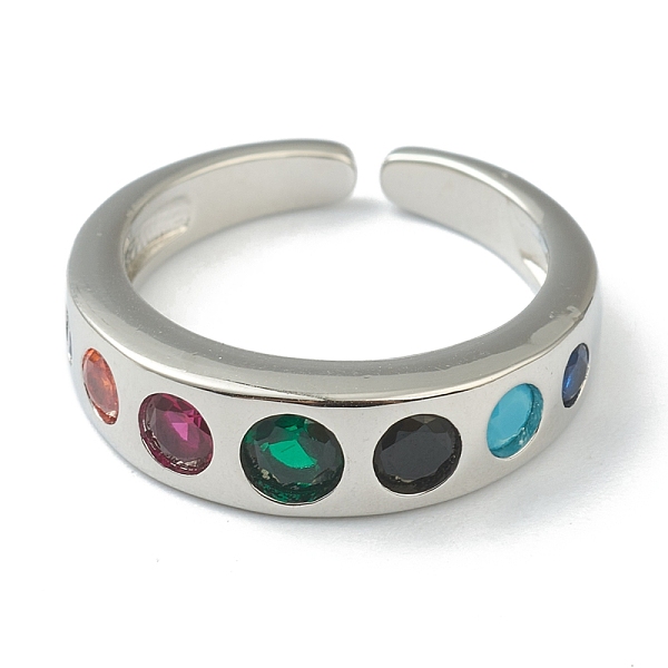 

PandaHall Brass Micro Pave Cubic Zirconia Open Rings, Cuff Rings, Flat Round, Colorful, Platinum, US Size 6(16.5mm) Brass+Cubic Zirconia