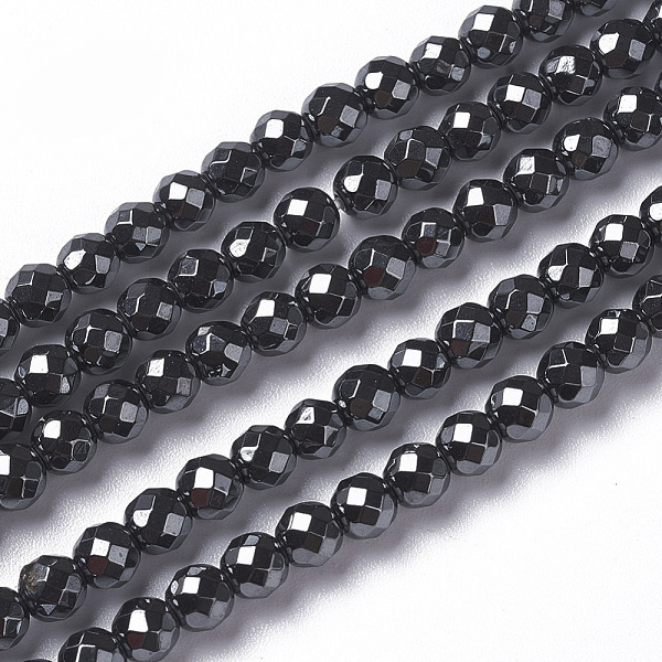 PandaHall Non-magnetic Synthetic Hematite Beads Strands, Faceted, Round, 3.5~4x4mm, Hole: 0.7mm, about 98~105pcs/strand, 15.9~16.6 inch...