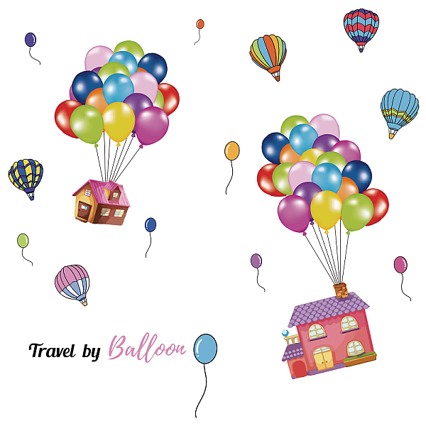PandaHall PVC Wall Stickers, Wall Decoration, Word Travel By Balloon, House Pattern, 590x300mm PVC House