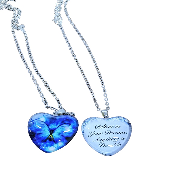 

PandaHall Heart Glass Pendant Necklaces, with Platinum Alloy Chains, Blue, Pendant: 23x25mm Glass Heart Blue