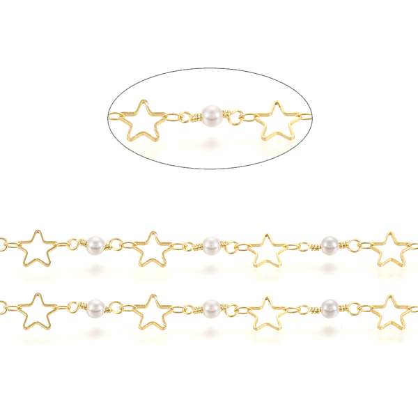 

PandaHall 3.28 Feet Brass Handmade Beaded Chain, with Round Glass Beads, Long-Lasting Plated, Soldered, Star, Real 18K Gold Plated, Link..., White