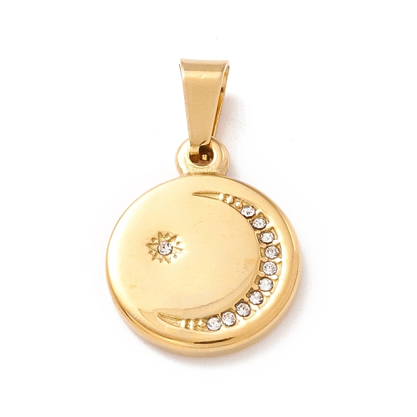 

PandaHall Vacuum Plating 304 Stainless Steel Pendant,Rhinestone, Flat Round with Moon Pattern, Golden, 19x15.3x2.5mm, Hole: 7.5x4mm 304...