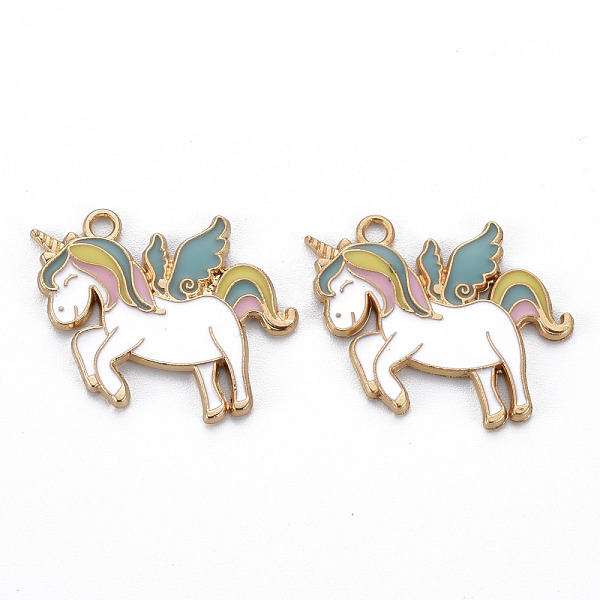 

PandaHall Rack Plating Alloy Enamel Pendants, Cadmium Free & Nickel Free & Lead Free, Unicorn, Light Gold, White, 26x25x2mm, Hole: 2mm...