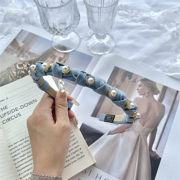 

PandaHall Cloth Hair Bands, with Plastic Pearl and Iron Findings, Hair Accessories for Women Girls, Light Blue, 120mm Cloth