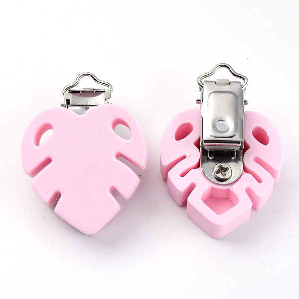 

PandaHall Food Grade Eco-Friendly Silicone Baby Pacifier Clips, with 304 Stainless Steel Clips, Leaf, Stainless Steel Color, Pearl Pink...