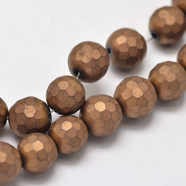 PandaHall Electroplate Non-magnetic Synthetic Hematite Beads Strands, Faceted Round, Frosted, Copper Plated, 5~6mm, Hole: 1mm, about...