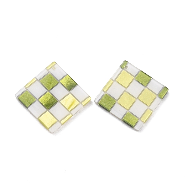 PandaHall Checkerboard Style Rhombus Acrylic Pendants, Yellow Green, 28x28x2.5mm, Hole: 1.2mm Acrylic Rhombus
