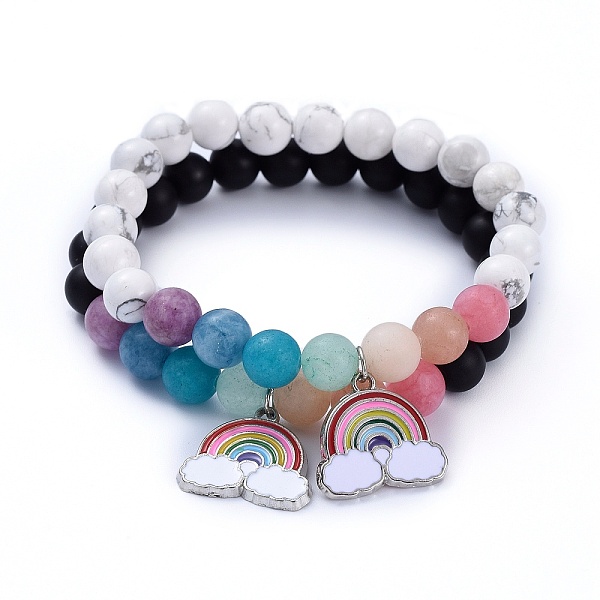 

PandaHall Stretch Charm Bracelets Sets, with Round Natural Black Agate & Howlite & White Jade Beads, Rainbow Alloy Enamel Pendants, Inner...