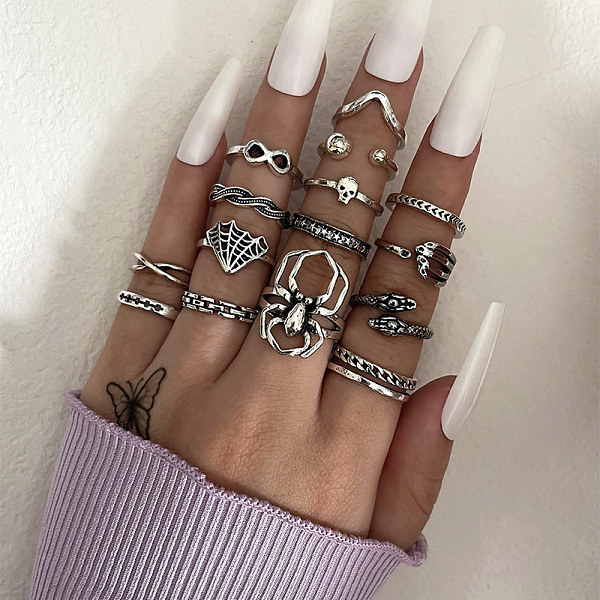 

PandaHall 15Pcs 15 Style Skull & Infinity & Snake & Criss Cross & Spider Alloy Finger Rings Set, Gothic Stackable Rings for Halloween...