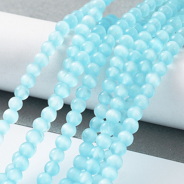 

PandaHall Cat Eye Beads Strands, Round, Light Blue, 4mm, Hole: 0.7mm, about 100~105pcs/strand, 14.37~14.69 inch(36.5~37.3cm) Glass Round