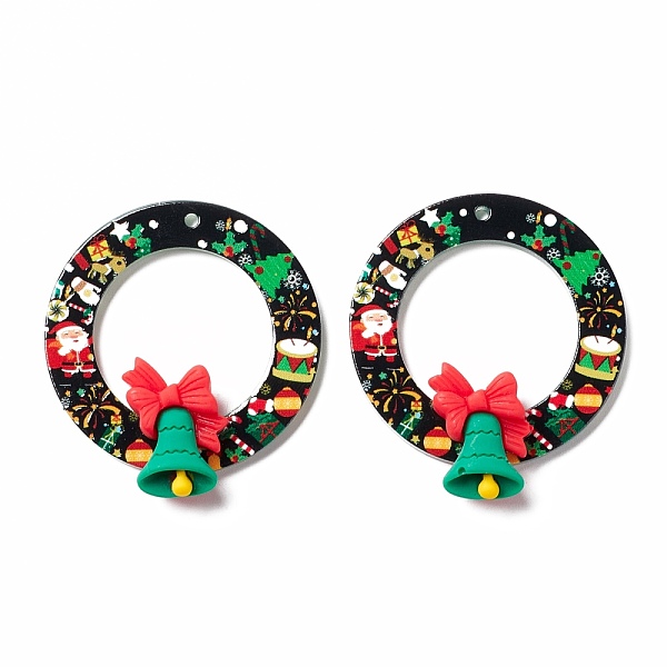 

PandaHall Christmas Theme Printed Opaque Acrylic Pendants, with Resin Cabochons, Round Ring with Christmas Bell, Black, 41.5x38x9mm, Hole...