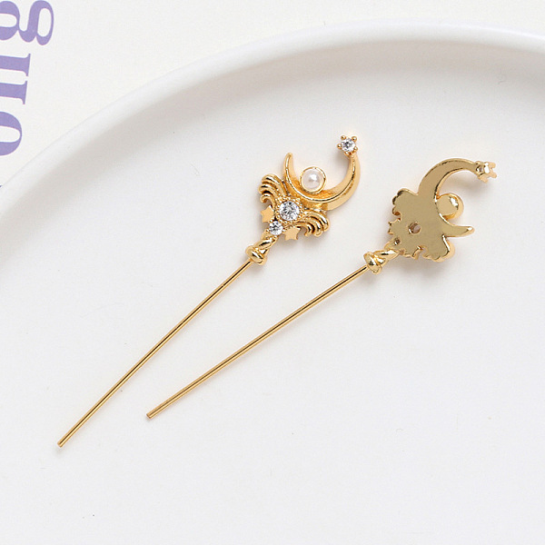 

PandaHall Brass Pave Clear Cubic Zirconia Magic Wand Head Pins, with Pearl, for Baroque Pearl Making, Golden, 51x11mm Brass