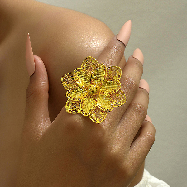 Exaggerated Iron Flower Open Cuff Ring for Festivals