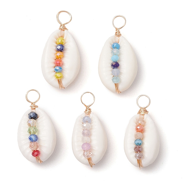 

PandaHall Natural Cowrie Shell Pendants, Faceted Glass Bead Copper Wire Wrapped Shell Shape Charms, Real 18K Gold Plated, Mixed Color..., Multicolor