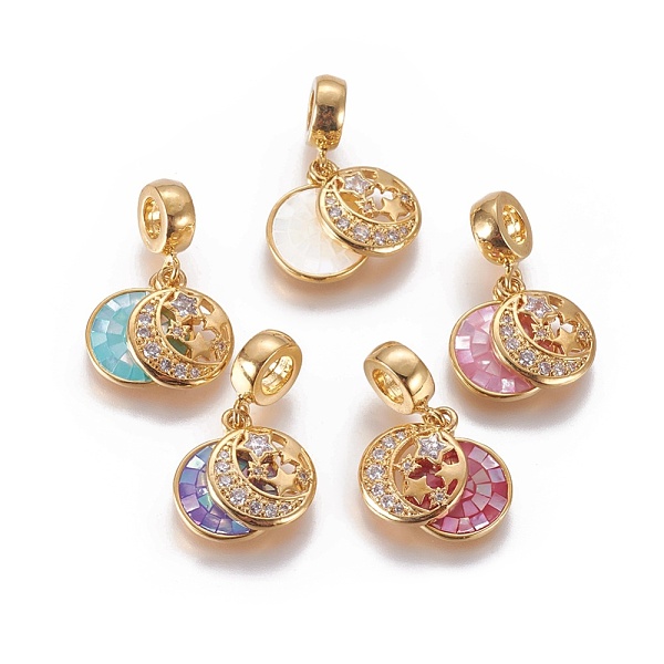 

PandaHall Brass Micro Pave Cubic Zirconia European Dangle Charms, Large Hole Beads, with Enamel and Shell Chips, Flat Round, Golden, Mixed..., Multicolor
