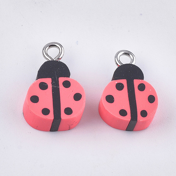 

PandaHall Handmade Polymer Clay Pendants, with Iron Findings, Ladybug, Platinum, Light Coral, 15~17x10~10.5x5mm, Hole: 1.8mm Polymer Clay...