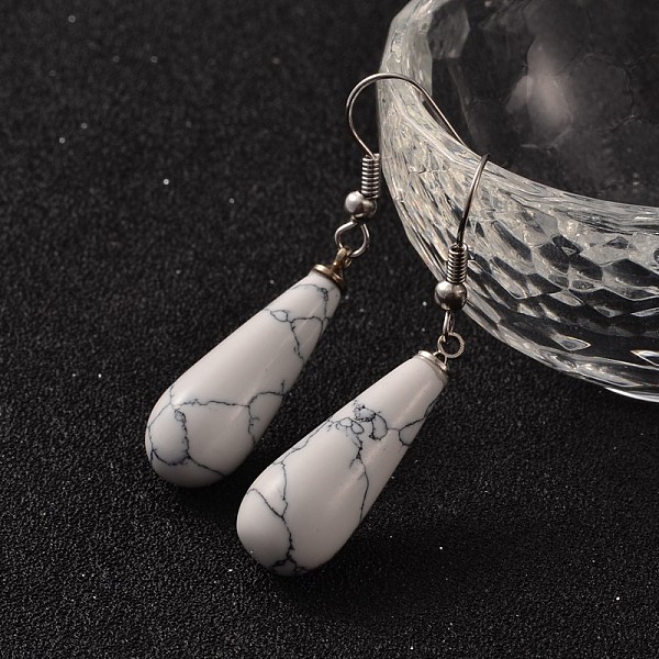 

PandaHall Teardrop Platinum Tone Brass Howlite Dangle Earrings, 47mm, Pin: 0.7mm Howlite