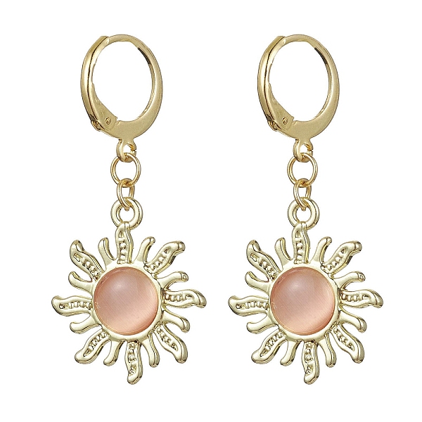 

PandaHall Golden Alloy Sun Shape Dangle Leverback Earrings with Cat Eye, Light Salmon, 40mm, Pin: 1mm Cat Eye Sun