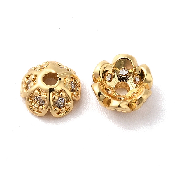 

PandaHall Brass Micro Pave Cubic Zirconia Bead Cap, 6-Petal Flower, Real 18K Gold Plated, 6.5x3mm, Hole: 1.4mm Brass+Cubic Zirconia Clear