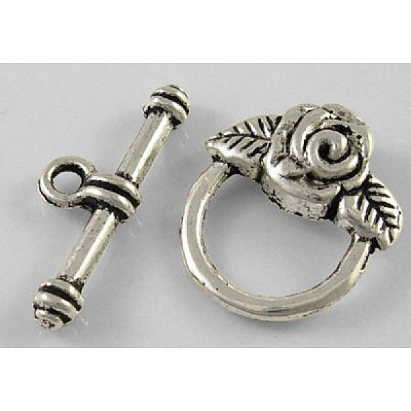 PandaHall Tibetan Style Toggle Clasps, Lead Free and Cadmium Free, Antique Silver, Flower: 18x19mm, Bar: 4x24mm, Hole: 2mm Alloy Flower