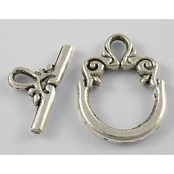PandaHall Tibetan Style Alloy Toggle Clasps, Lead Free and Cadmium Free, Ring, Antique Silver, Ring: about 14mm wide, 20mm long, Bar: about...
