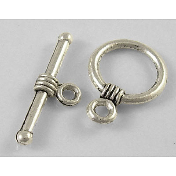 PandaHall Tibetan Style Alloy Toggle Clasps, Lead Free, Cadmium Free and Nickel Free, Ring, Antique Silver, Ring: 11mm wide, 16mm long, Bar...