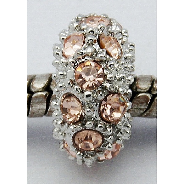 

PandaHall Alloy Rhinestone European Beads, Large Hole Beads, Rondelle, Platinum Metal Color, Light Peach, 11x6mm, Hole: 5mm Alloy+Rhinestone..., Pink